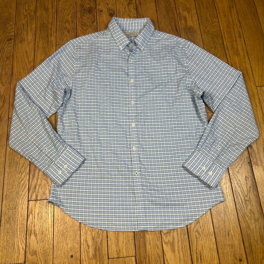 Savannah Mens Blue White Gingham Plaid Button Down Shirt L Tencel‎ Blend Stretch